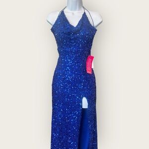B Darlin Women’s Blue Sequin Evening Slit Side Gown Dress Size 0